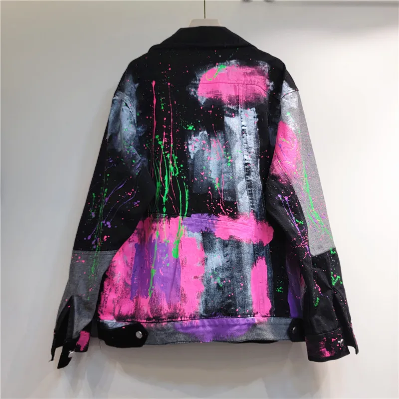 Hip Hop Hand Drawn Graffiti Denim Jacket Women Contrast Color Long Sleeve Lapel Casual Black Jeans Coat Streetwear Fashion