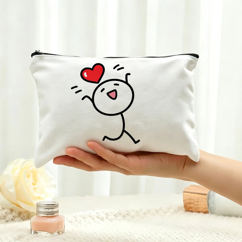 Personalized Stick Figure Heart Makeup Bag Custom Logo Cute Fun Cartoon Cosmetic Pouch Lining for Women Travel Toiletry Bag Gift
