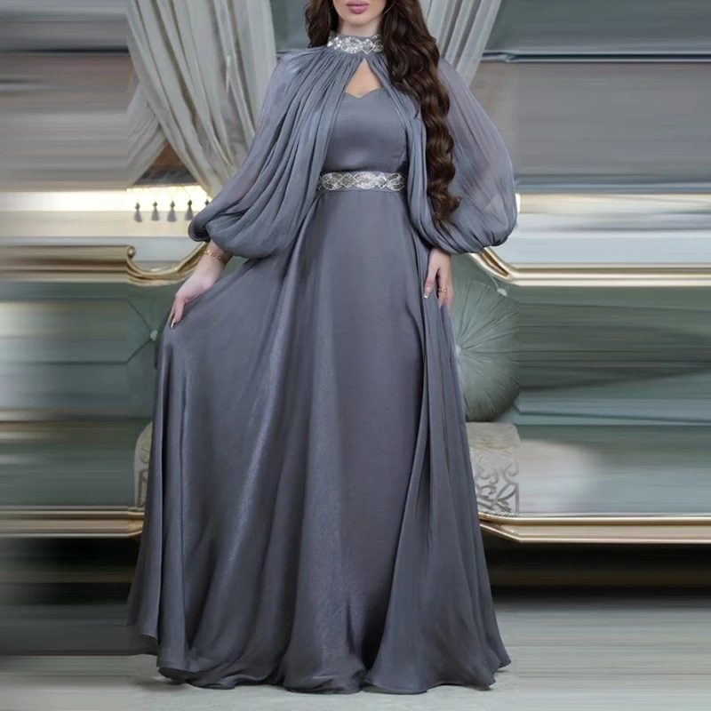 Ensemble de robe de couleur vive diamant style Banquet, manches longues, couleur unie plissée, ensemble deux pièces décontracté, haut à col rond et jupe longue