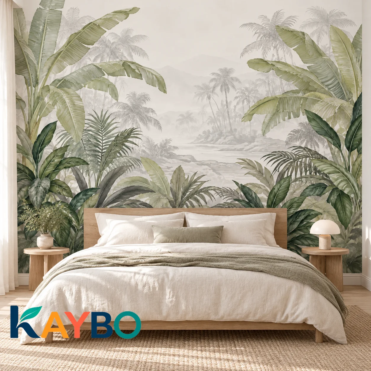 Tropical Wallpaper Mural, Palm Leaf Wall Decor, Misty Jungle Scenery, Botanical Living Room Bedroom Decor Art, Non Self Adhesive