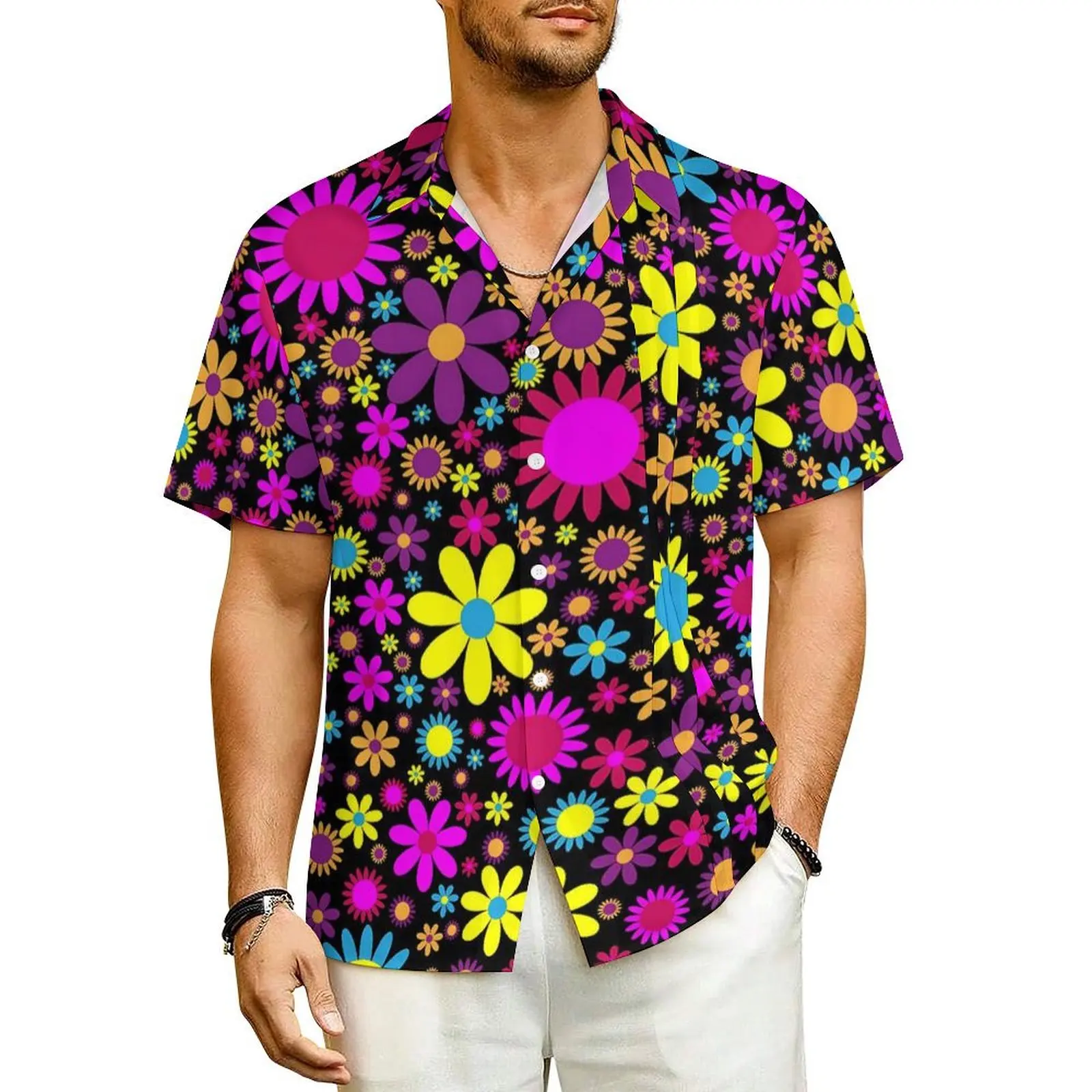 

Yellow Daisy Print Vacation Shirt Male Flower Power Retro Y2K Casual Shirts Hawaii Short-Sleeved Stylish Oversized Blouses Gift