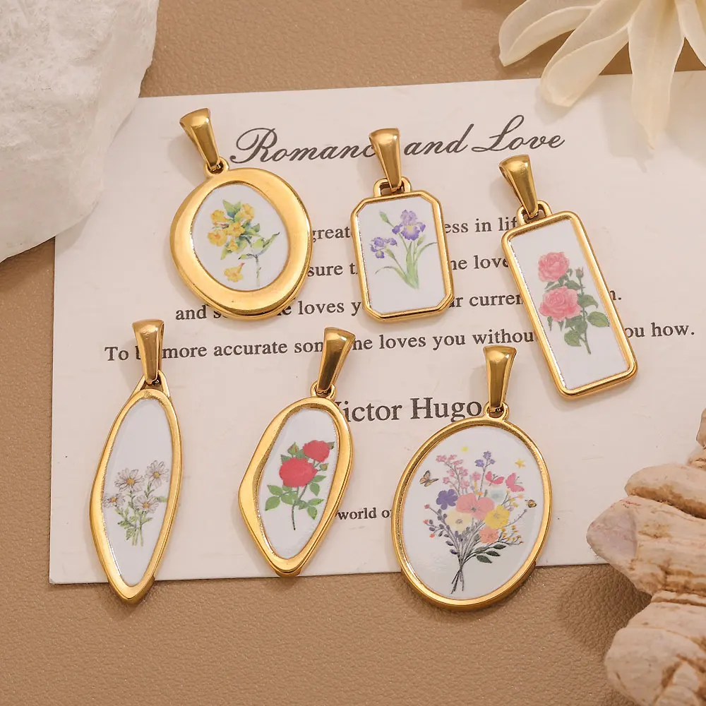 2 Stück Edelstahl-Emaille-Blumenanhänger für die Schmuckherstellung, DIY-Halskettenanhänger für Damen, goldene Blumenanhänger, Materialzubehör – Detail 2