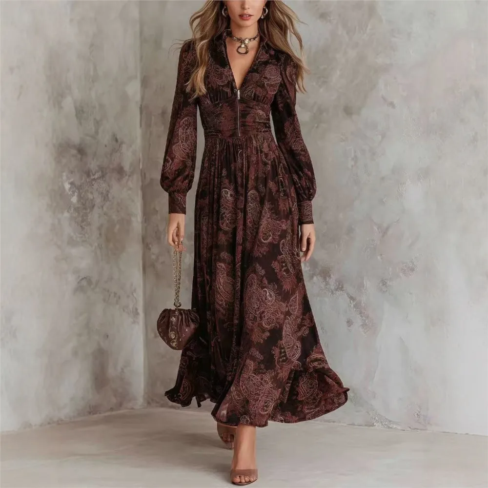 

Loose Casual Long Dress Printed Everyday Elegant Retro Commuter Style Long-sleeved V-neck Waisted Puff-sleeved Long Dresses