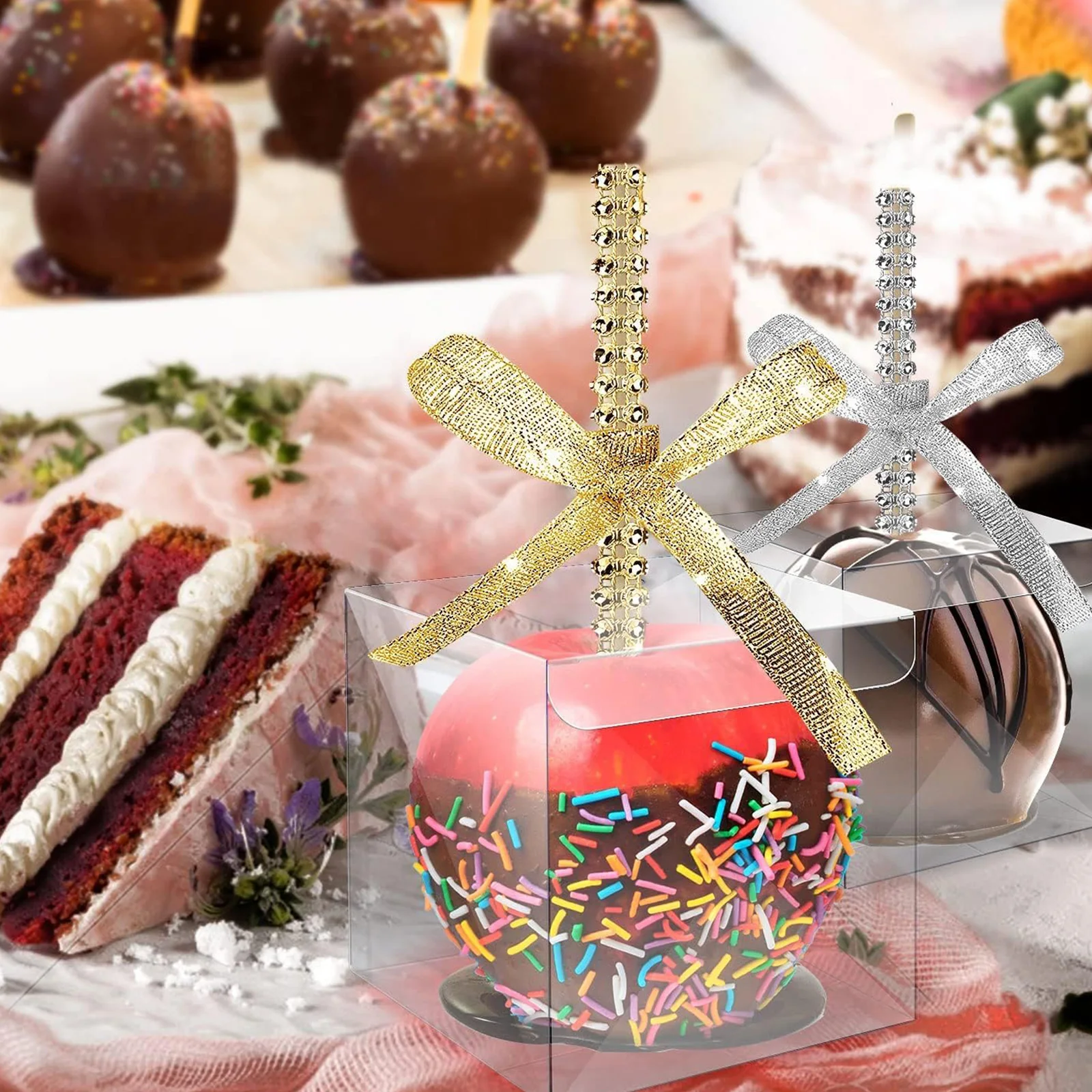 Candy Apple Boxes with Bling Stick Hole Set,with Clear Containers & Rhinestone Bamboo Skewers & Glitter Ribbons