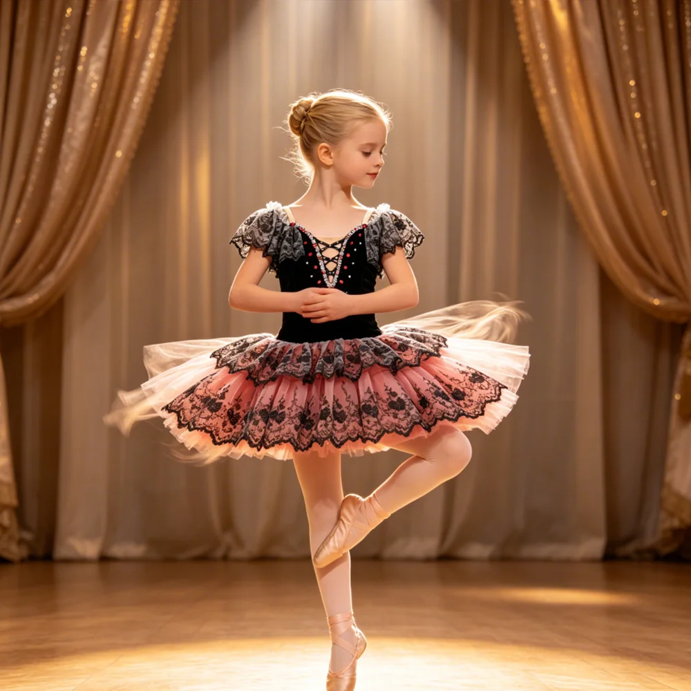 Ballet Dress Children Professional Ballet Tutu Kids Girls Performance Black Red Competition Clothes A-Line Gauze Tulle Skirt