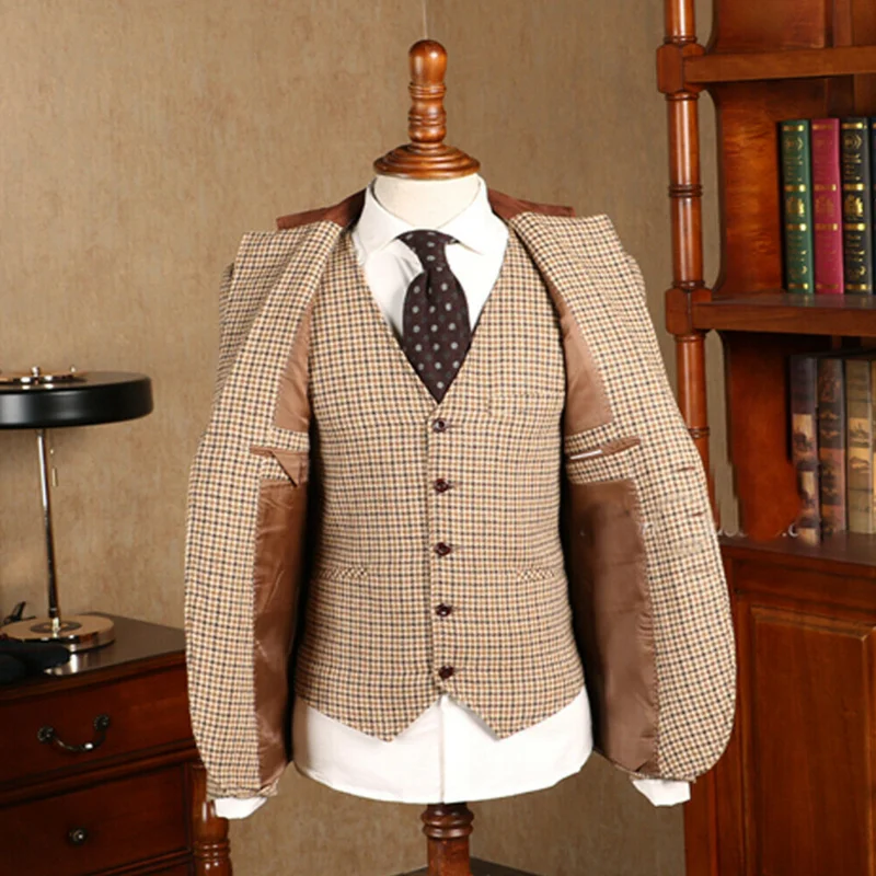 Khaki Houndstooth Men Suits 3 Pcs Blazer+Vest+Pants Formal Office Tweed Vintage Wedding Tuxedo Two Button Notch Lapel Jacket