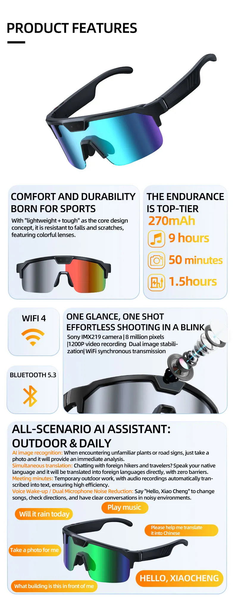 2026 Fahrrad-KI-Smart-Brille für Herren mit 3000W Kamera, 1200P Video, ChatGPT KI-Sprachassistent, 32GB, 150+ Übersetzungen, WLAN-Smart-Sonnenbrille – Detail 2