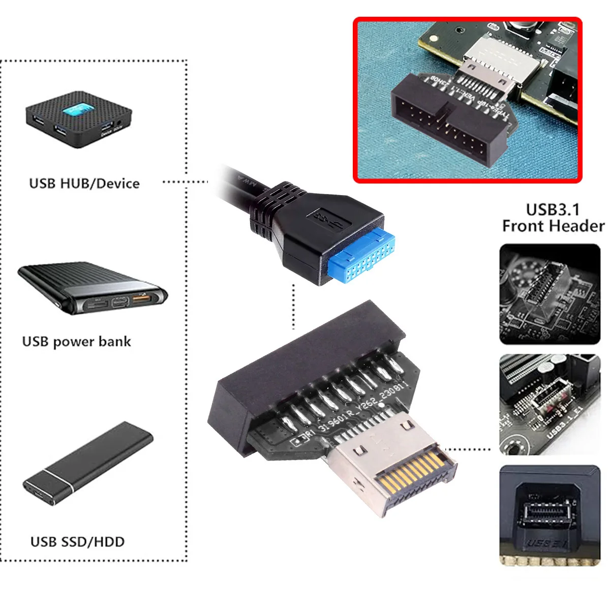 CableCC USB 3.1 Type-E IDC Socket Front Panel Header to 20Pin Header USB 3.0 Extension Adapter for Motherboard Desktop