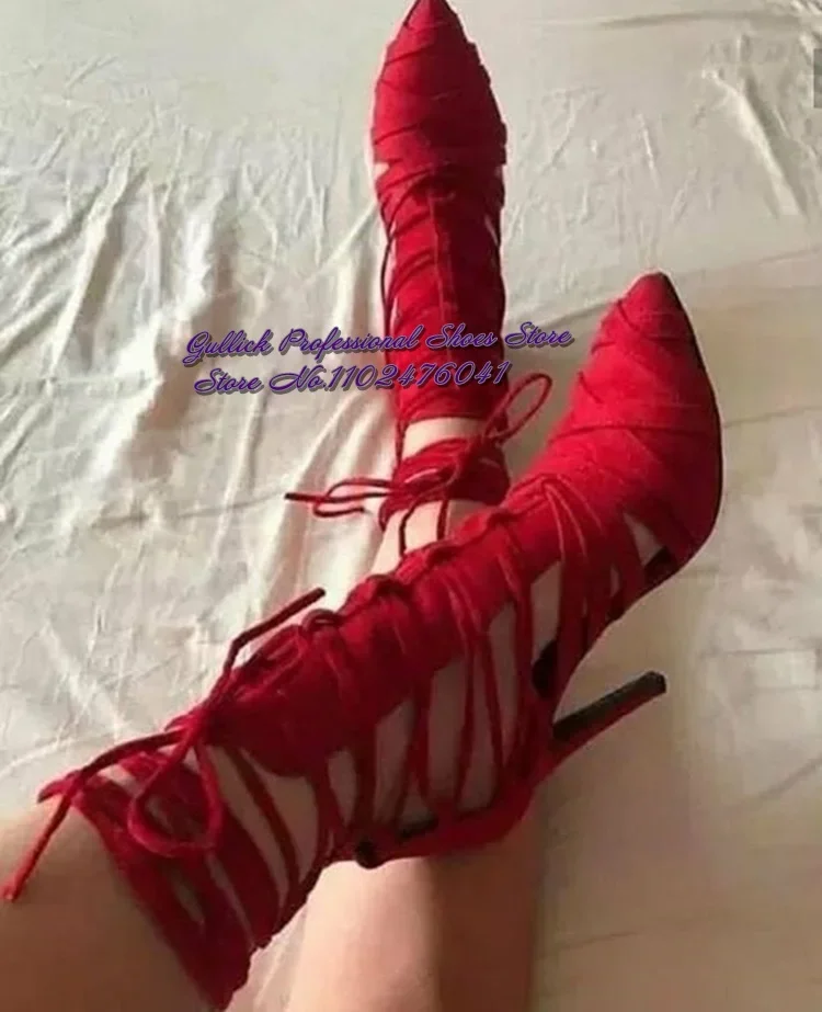 Thin Heels Red Black Hollow Out Lace-up Women Shoes Cross Strappy Pointed Poe Stiletto Heel Suede Pumps Braided Banquet Shoes