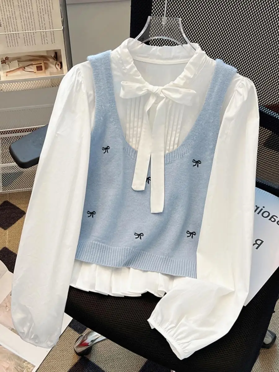 

Women's Long Sleeve Shirt Knot Embroidery Pleated Collar Autumn Fashion Sweet Style Slim Fit Polyester Fiber