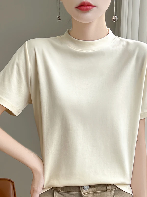 T-shirt estiva da donna in puro cotone ort Sve Colletto neutro sottile e allentato f Sve Faionable Primavera Autunno Abbigliamento interno Ba...