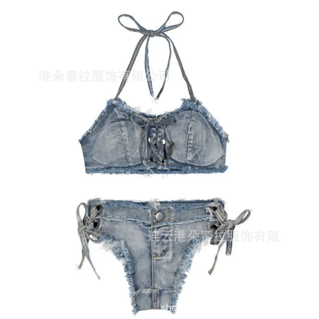 2023 Summer Women\'s Sexy Spicy Girl Temptation Hanging Neck backless Chest Lace Up Top Denim Bikini Shorts Flirting Set FJ7V