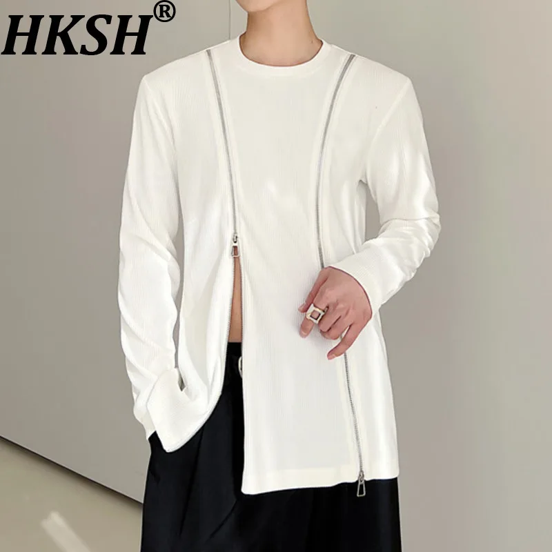 

HKSH Spring Autumn New Women's T-shirt O-neck Long Sleeves Double Zipper Niche Design Casual Tee Versatile Ins Chic Tops HK15142