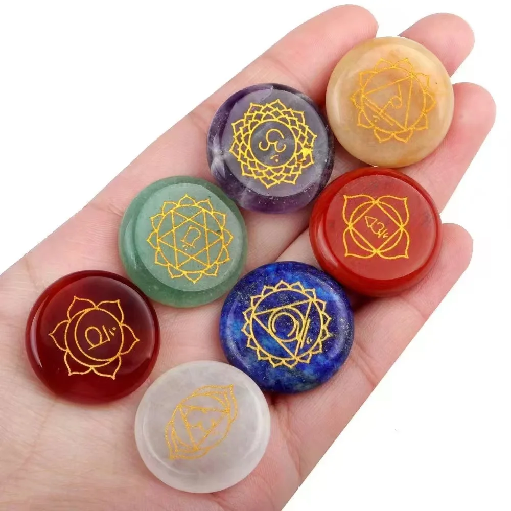 1Set of 7 Pieces Natural Stones Round Pendulum Reiki Healing Stones Engraved Seven Chakra Symbols Reiki Healing Gems 25x25mm