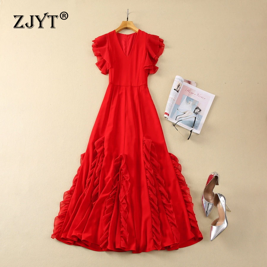 ZJYT Elegant Ruffles Patchwork Red Long Evening Party Dresses for Women 2024 Summer Special Occasion Maxi Dress Butterfly Sleeve