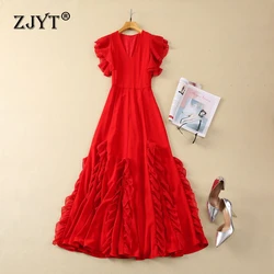 ZJYT Elegant Ruffles Patchwork Red Long Evening Party Dresses for Women 2024 Summer Special Occasion Maxi Dress Butterfly Sleeve