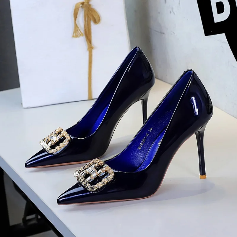 

BIGTREE Women High Heel Single Shoes Fashion Pointed Toe Rhinestone Patent Leather 10CM Thin Heels Evening Dress Women's Shoes
