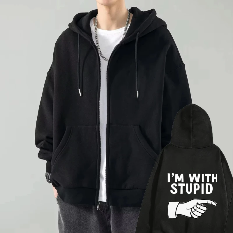 

Men's Hooded Jacket Black I'M WITH STUPID Printed Hand Pointing Design Casual Streetwear for Daily Wear and Outdoor Activities
