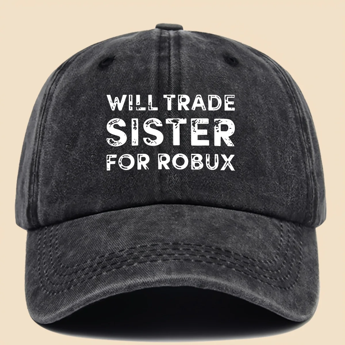 1pc Gorra de béisbol con estampado de letras y eslogan divertido, con estampado 'Willing to Trade Robux for Sister', gorro informal urbano, color negro