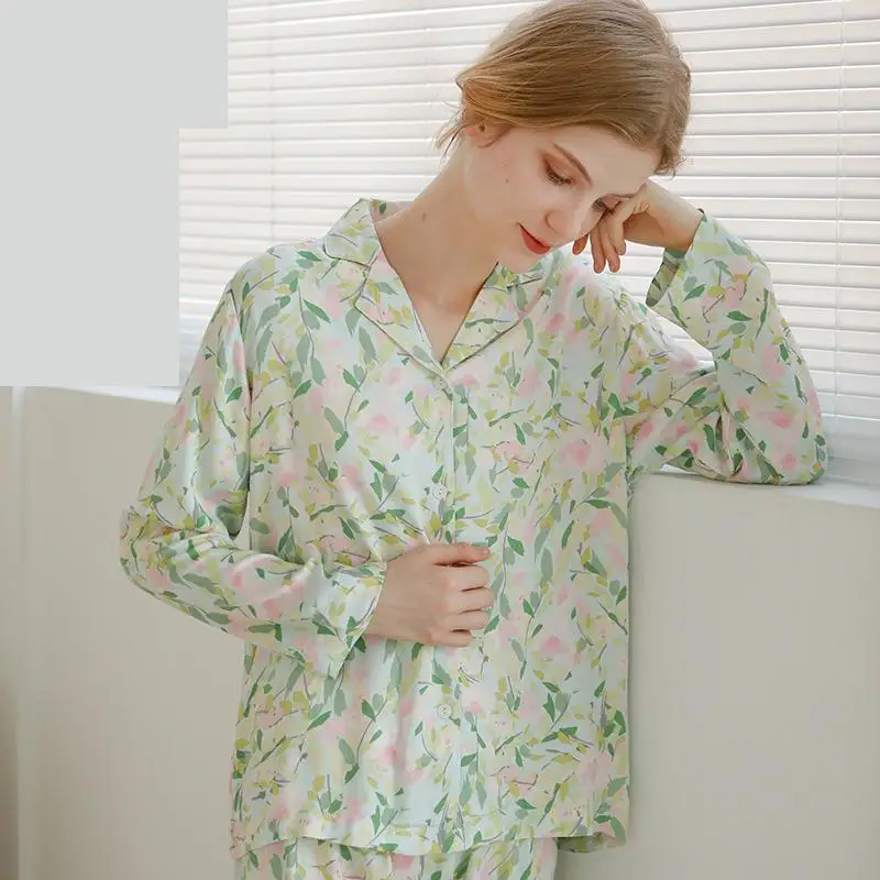 

Blend Cotton Pajamas Set Print Sleepwear Women Long Sleeve Elastic Waist Trousers Sert Autumn Spring Nightwear Pyjamas Homewear