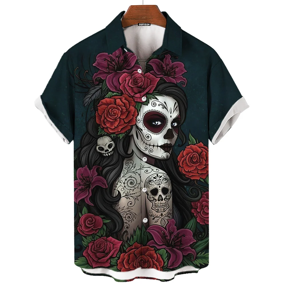 Day Of The Dead Shirt Skull Men\'s Shirts Skull Face 3d Print Short Sleeve Retro Loose Oversized Man Clothing Festival Clothing