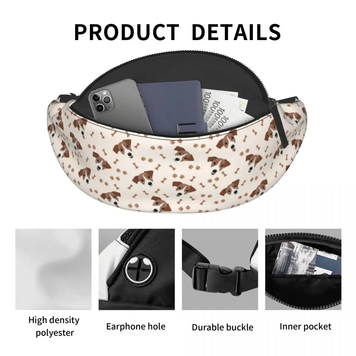 Jack Russell Terrier Dog Bones Fanny Pack Men Women Fashion Animal Crossbody Waist Bag for Running Phone Money Pouch