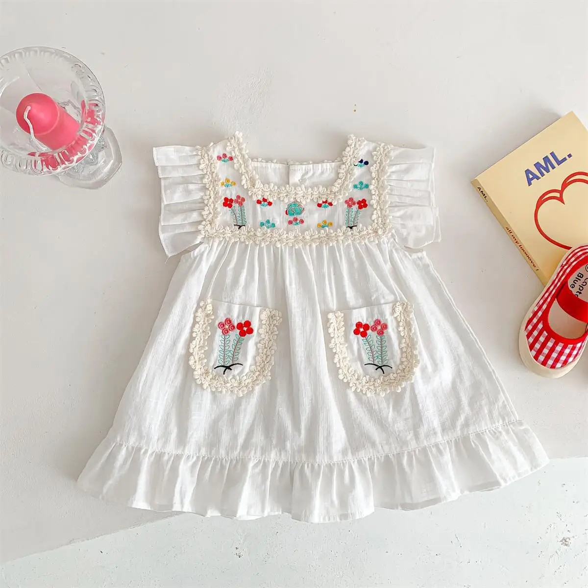 Summer New Full Body Embroidered Colorful Little Flower Flying Sleeve Dress For Girls Korean Cotton Dress