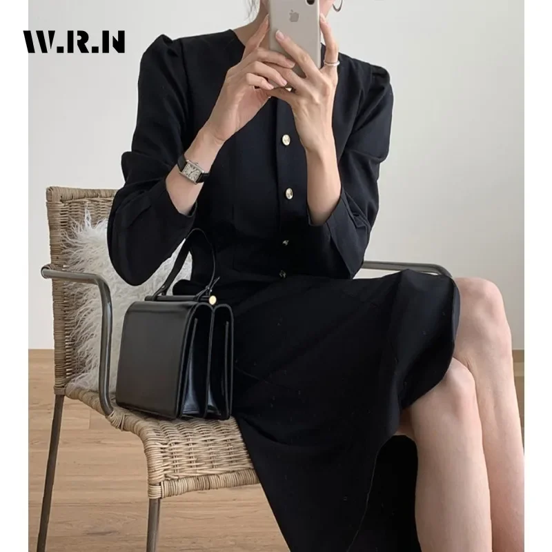 2024 Winter Vintage Long Sleeve Round Neck Midi Solid Color Shirt Dresses Women Elegant Classic Office Lady A-Line Blouse Dress