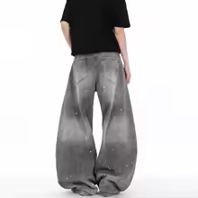 Washed Vintage Smoke Grey Ink Splatter Distressed Knife Edge Wide Leg Jeans Loose Fit Men's Casual Comfortable Denim Trousers - AliExpress 