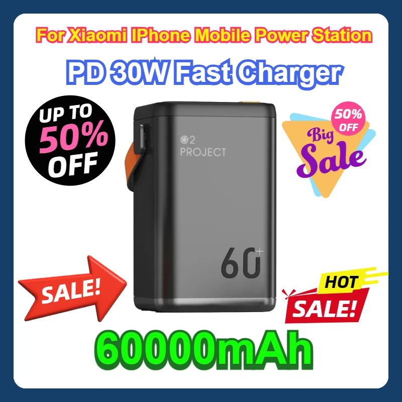 

For Xiaomi IPhone Mobile Power Station 60000mAh Outdoor Power Bank Portable PowerBank External Battery Pack PD 30W Fast Charger