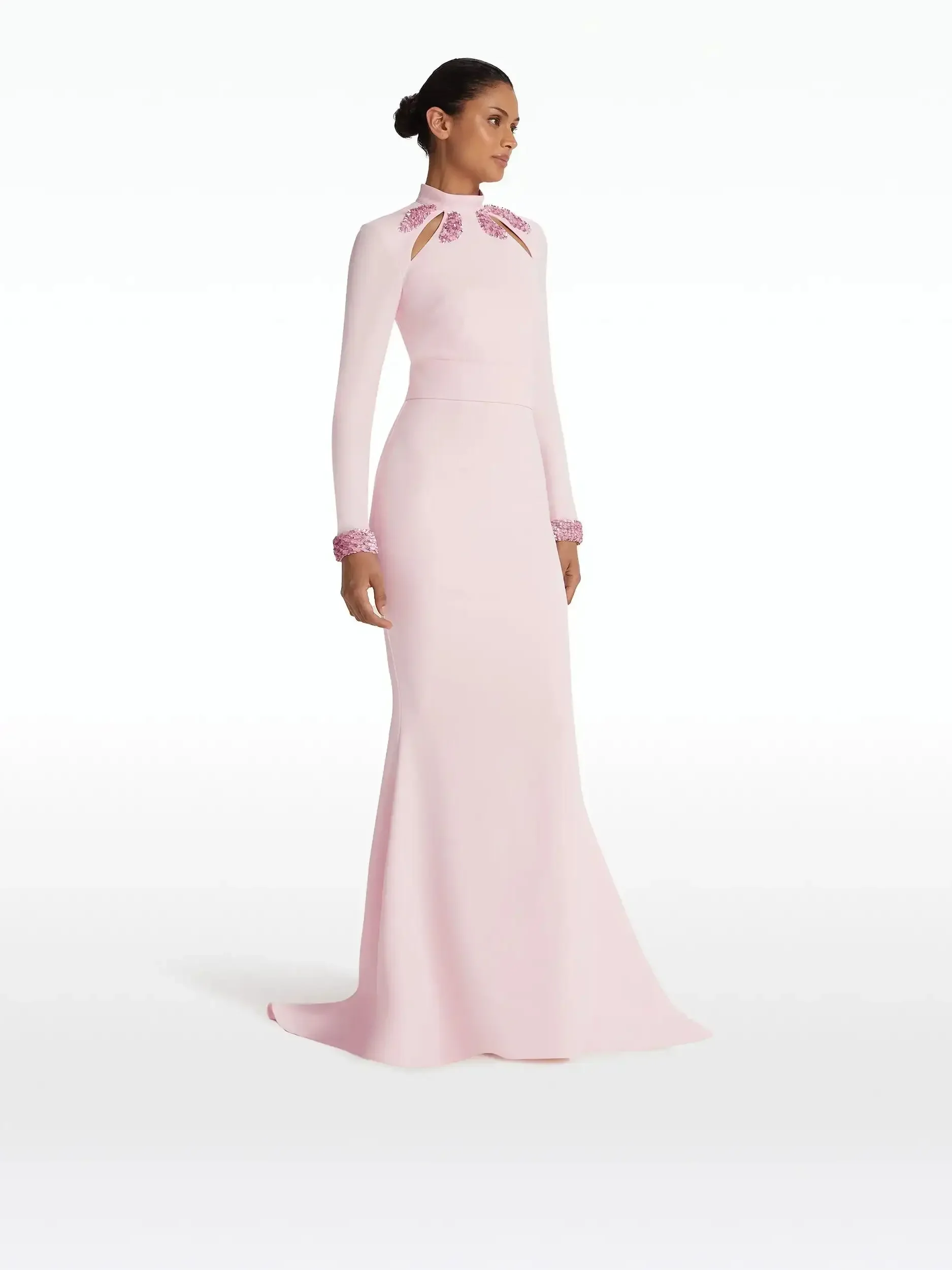 Dora-Robe de soirée à manches longues et col haut, longueur au sol, robe de Rhsirène, robe de soirée de mariage en cristal, rose, élégante, 600