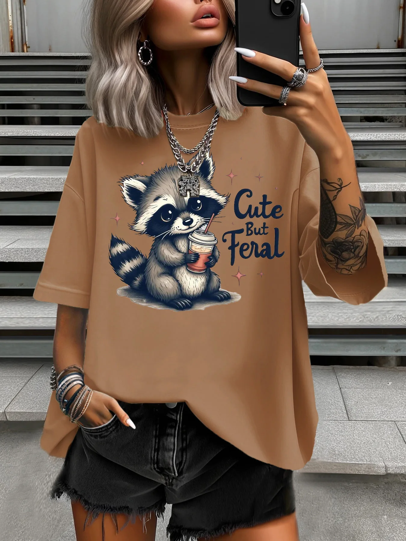 

Summer Women's Plus Size T-Shirt Original Design Cute Raccoon Letter Pattern Printed Women's Casual Crew Neck Short Sleeved Tops