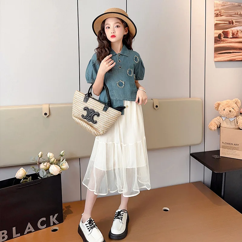 

Girls Summer Suit 2024 New Fashion Fashion Large Children Irregular Denim Jacket Skirt Two-piece Set Clothes Simple Casual