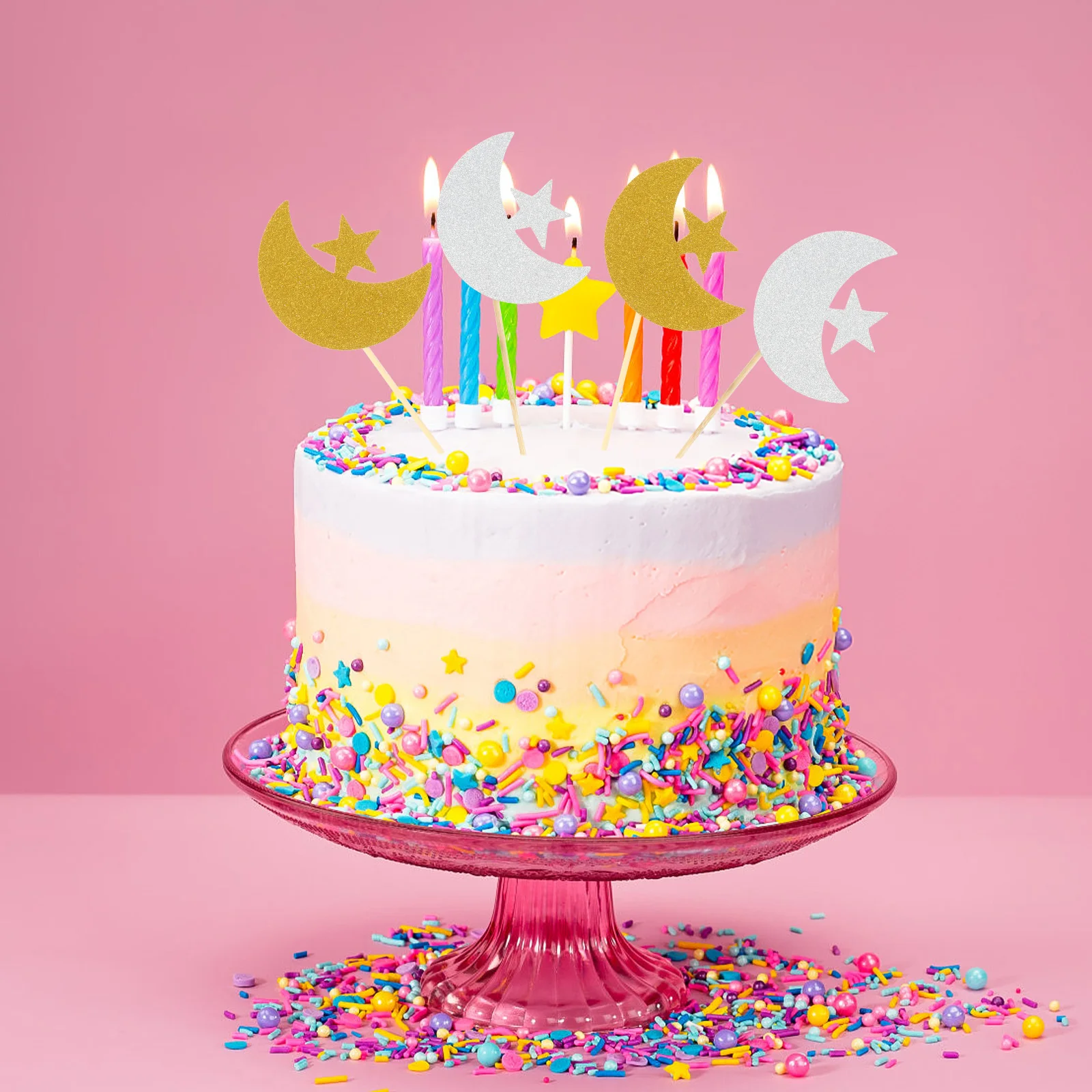 

24Pcs Moon Star Glittery Cake Picks Food Safe Premium Paper Plastic Dessert Decorations for Ramadan Eid Party Cake Decorations