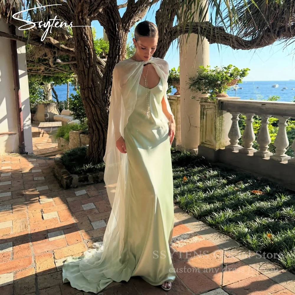 

SSYTENS Elegant Mint Green Evening Dresses Satin Mermaid Sleeveless Scarf Party Dresses Special Occasion Prom Gowns Customized