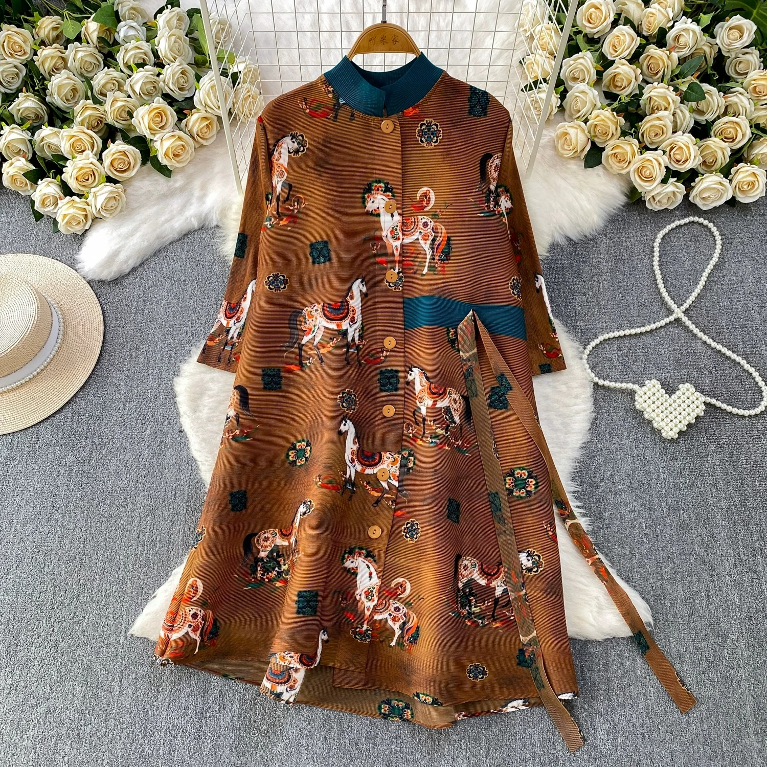 

Miyake Pleated Floral Printing Dress 2026 Spring Summer Single Breasted Oversize Belt Elegant Streetwear Cardigan Women Clothing
