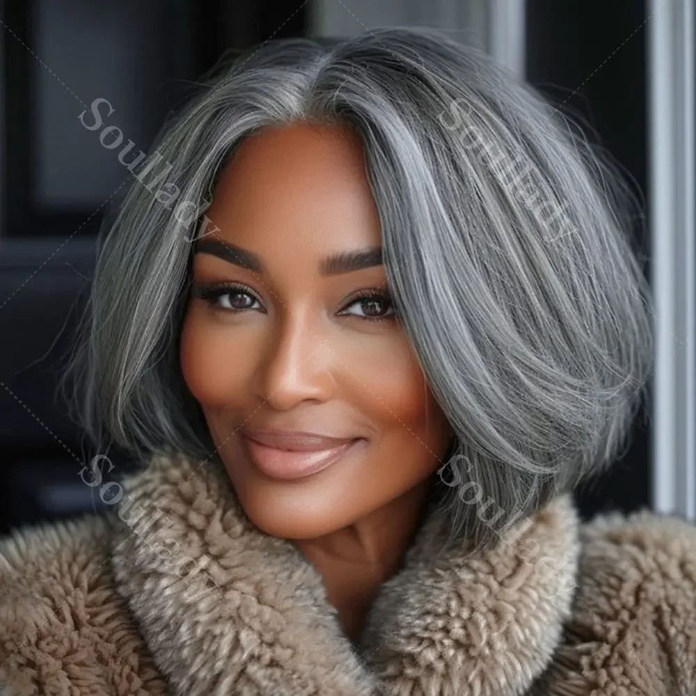 

Soul Lady Classic Women's Hairstyle Salt and Pepper Straight Bob Real Human Hair Wear Go Glueless Lace Wigs For Mom Over 50