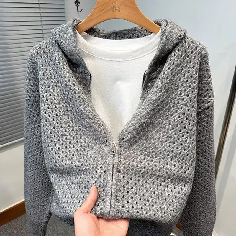 

Модный вязаный кардиган с капюшоном и вырезами, мужская верхняя одежда, весенне-осенний свитер на молнии, повседневная свободная куртка из полиэфирного волокна