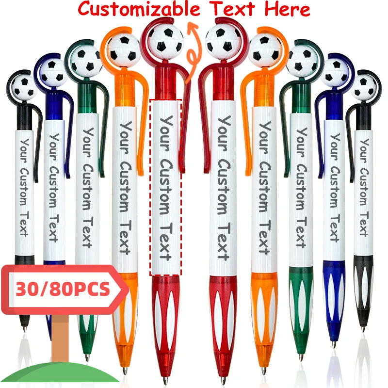 

30/80 шт. настраиваемых шариковых ручек в форме футбольного мяча с мультяшным дизайном, функцией пресс-антистресс и вращения, подарок для футбольной команды