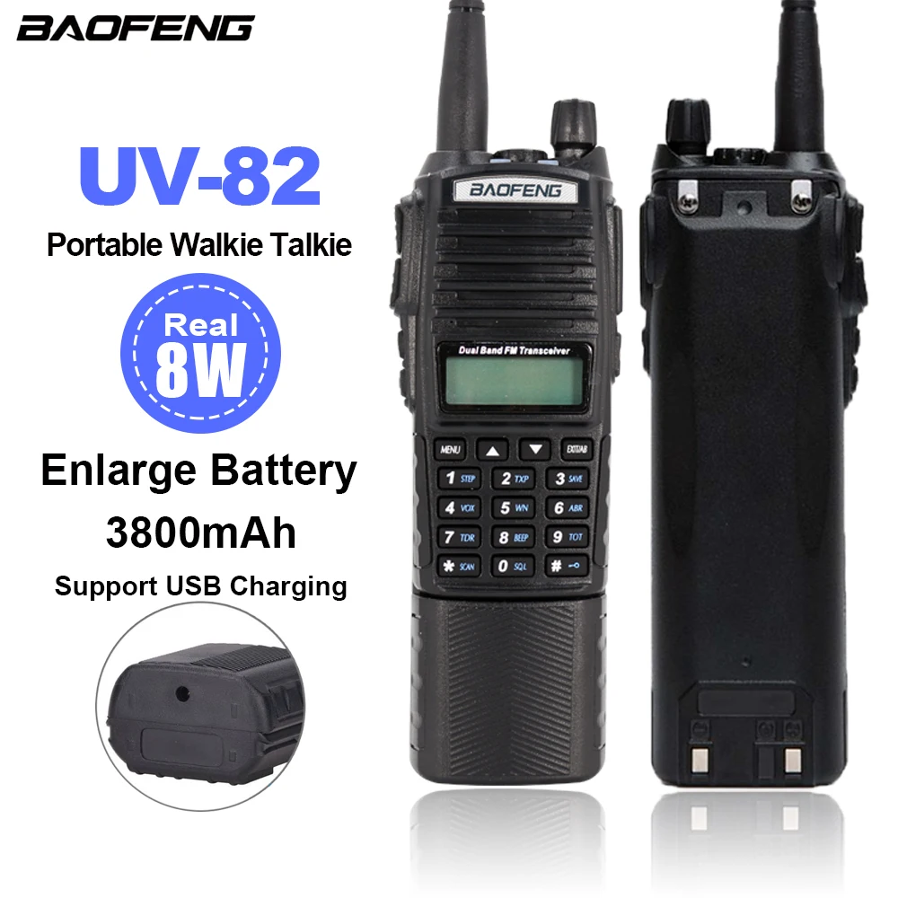 BAOFENG UV-82 Portable Walkie Talkie Lengthened Two Way Radios Real 8W Dual Band Wireless Receiver 3800mAh Can USB Charging