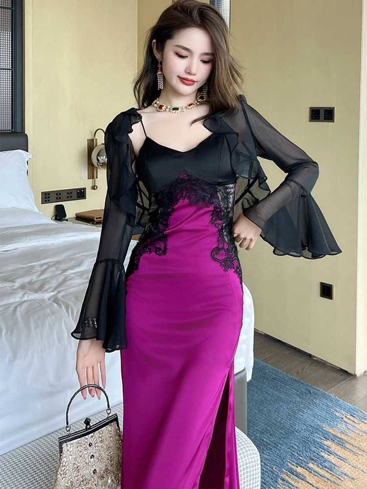 เดรสยาวปานกลางสำหรับผู้หญิง ดีไซน์หรูหราทันสมัย สายเดี่ยวสีม่วง ผ้าซาตินผสมลูกไม้สีดำ ผ่าข้าง  ชุดราตรีสำหรับงานเลี้ยงกลางคืนหรืองานจัดเลี้ยง