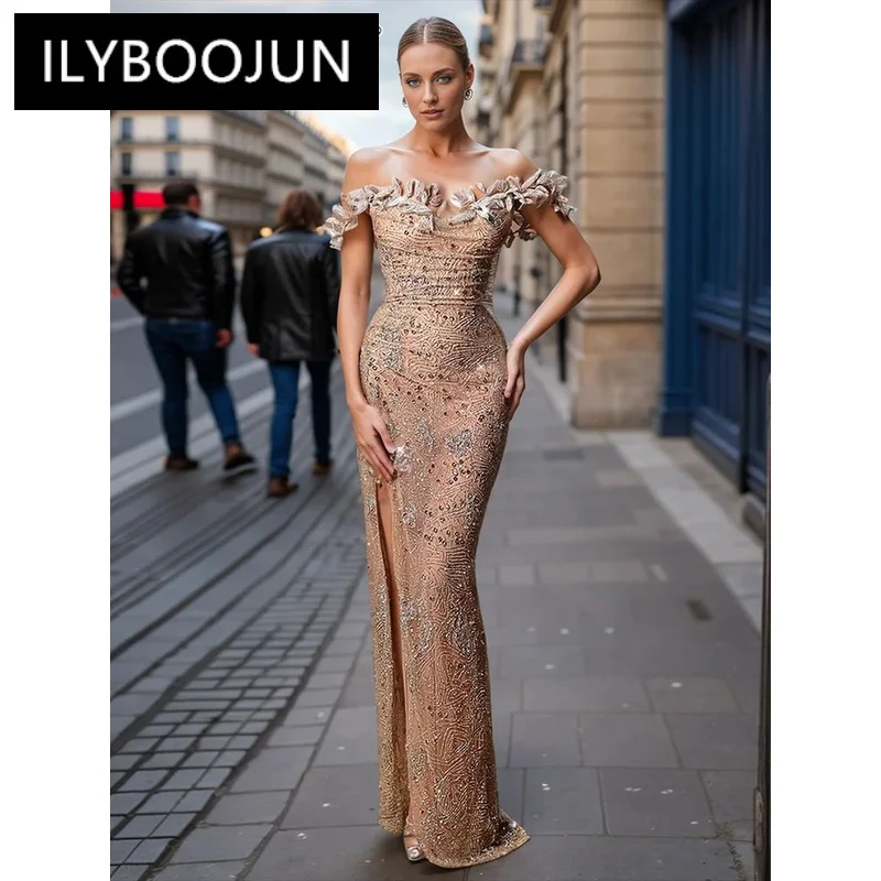 

ILYBOOJUN Hit Color Spliced Diamonds Elegant Dresses For Women Slash Neck Sleeveless High Waist Slimming Formal Dress Female