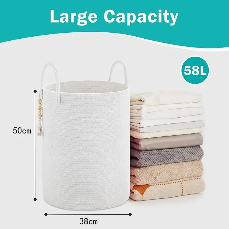 Large Woven Laundry Basket, Nursery Baskets for Storage, Living Room, Toy Blanket Organizing Bucket with Handle, 38x50cm