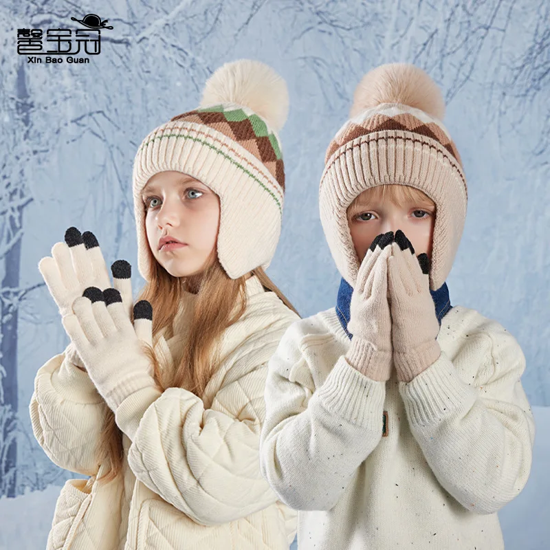 

Children's Hat Gloves Fur Ball Colorful Rhombus Pattern Knitted Woolen Cap Male and Female Fleece-lined Warm Ear