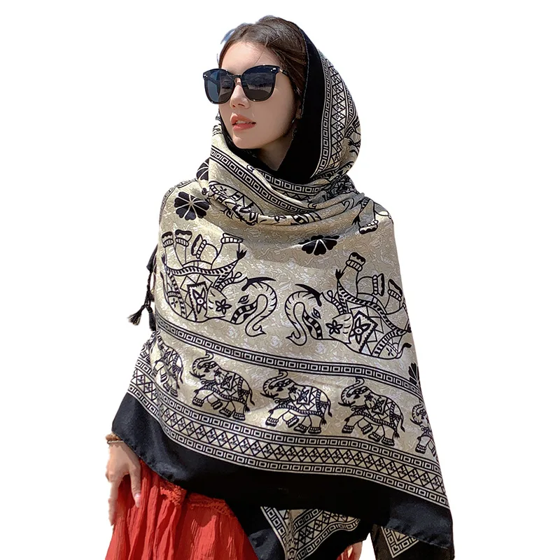 Spring Summer Women Scarf Elephant Print Tassels Hijab Lady All-match Luxury Scarves Female Travel Shawl Ethnic Style Capes