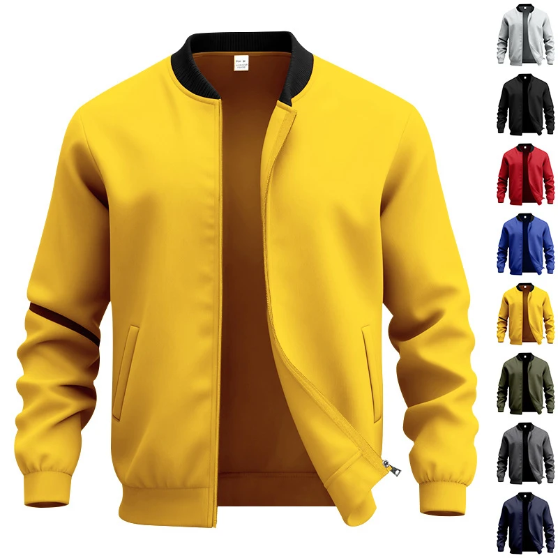2026 American Retro Men's Simple Pilot Zipper Baseball Jacket Solid Color Stand Collar Coat