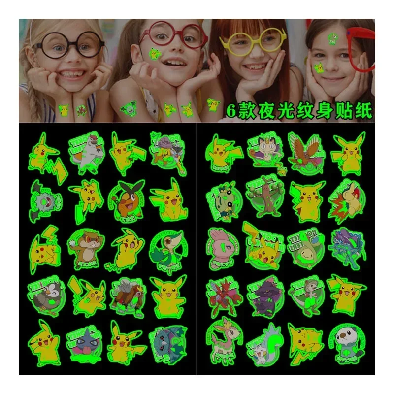 Pokemon Luminous Tattoos for Kids Pikachu Styles Temporary Tattoos Stickers Boys Girls Glow Party Supplies Gifts for Children