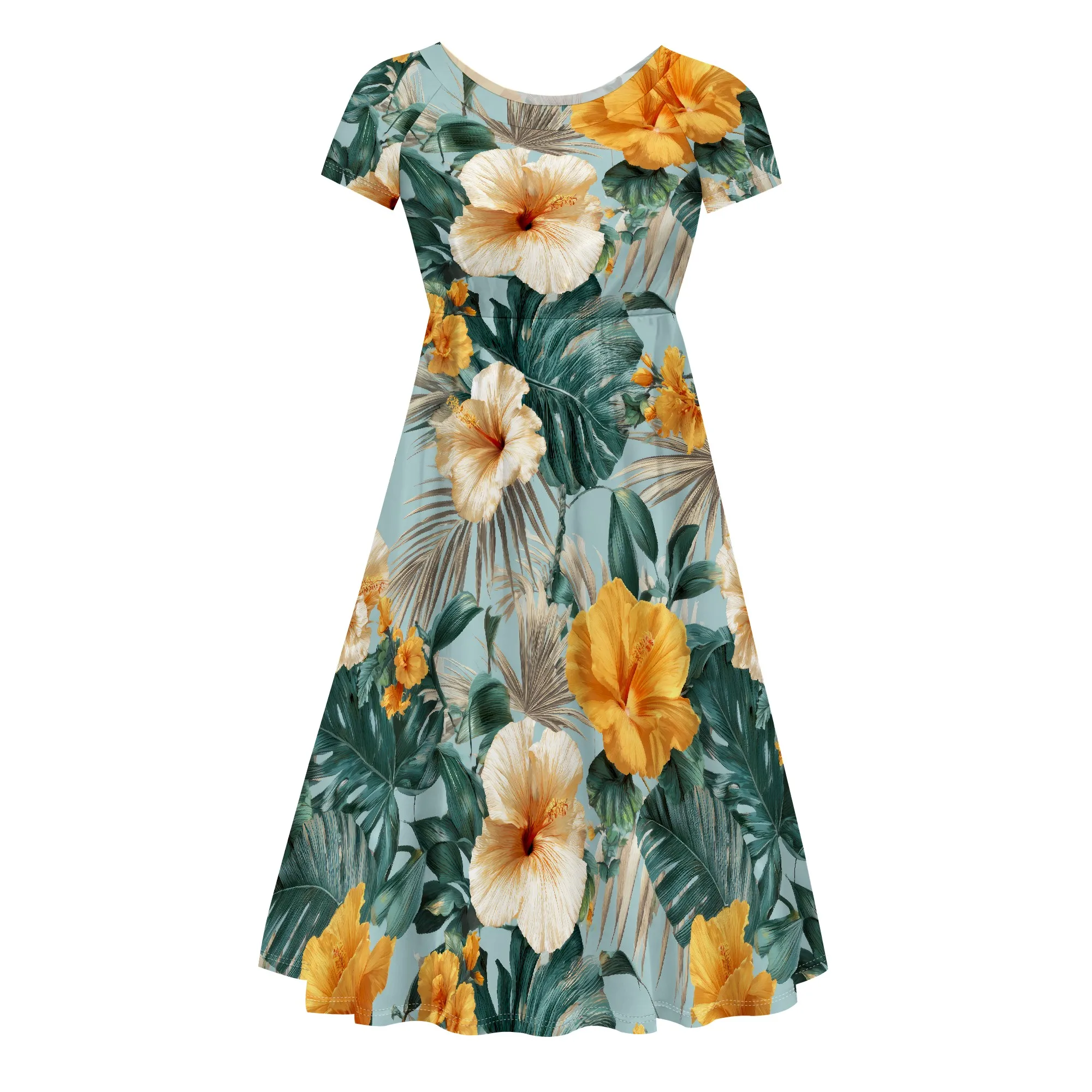 ชุดเดรสฤดูร้อนสําหรับผู้หญิง ดอกไม้ฮาวายฤดูร้อนเขตร้อนใบปาล์ม Sundress แขนสั้นลําลองพร้อมกระเป๋า