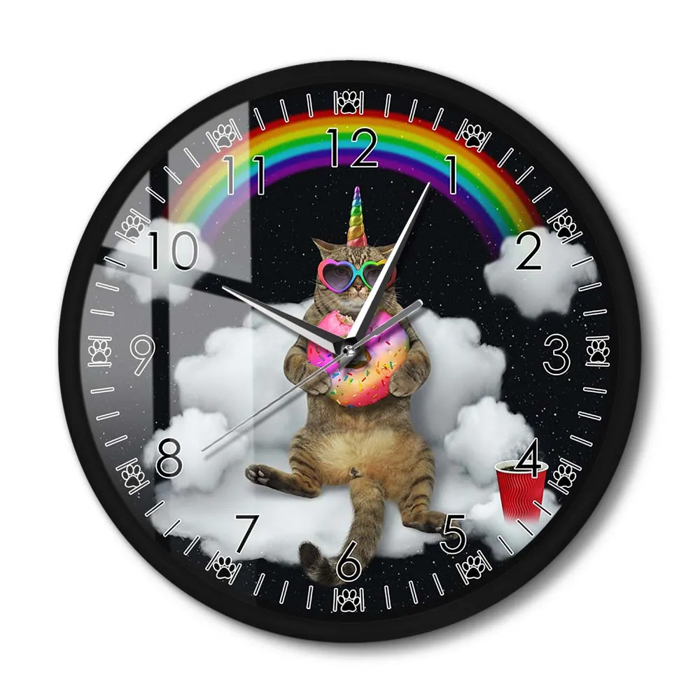 

Funny Meowgical Unicorn Cat With Rainbow Donut HD Metal Frame Wall Clock Caticorn Cat Wall Art Watch For Girl Room Cat Lovers