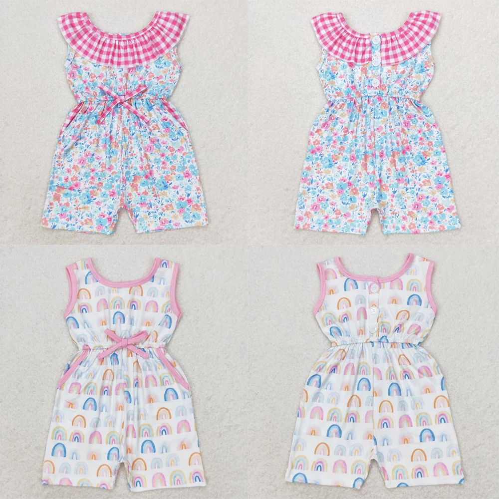 

wholesale Summer hot sale western boutique clothing baby girls clothes Rainbow pink lace bow sleeveless jumpsuits